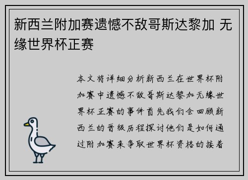 新西兰附加赛遗憾不敌哥斯达黎加 无缘世界杯正赛
